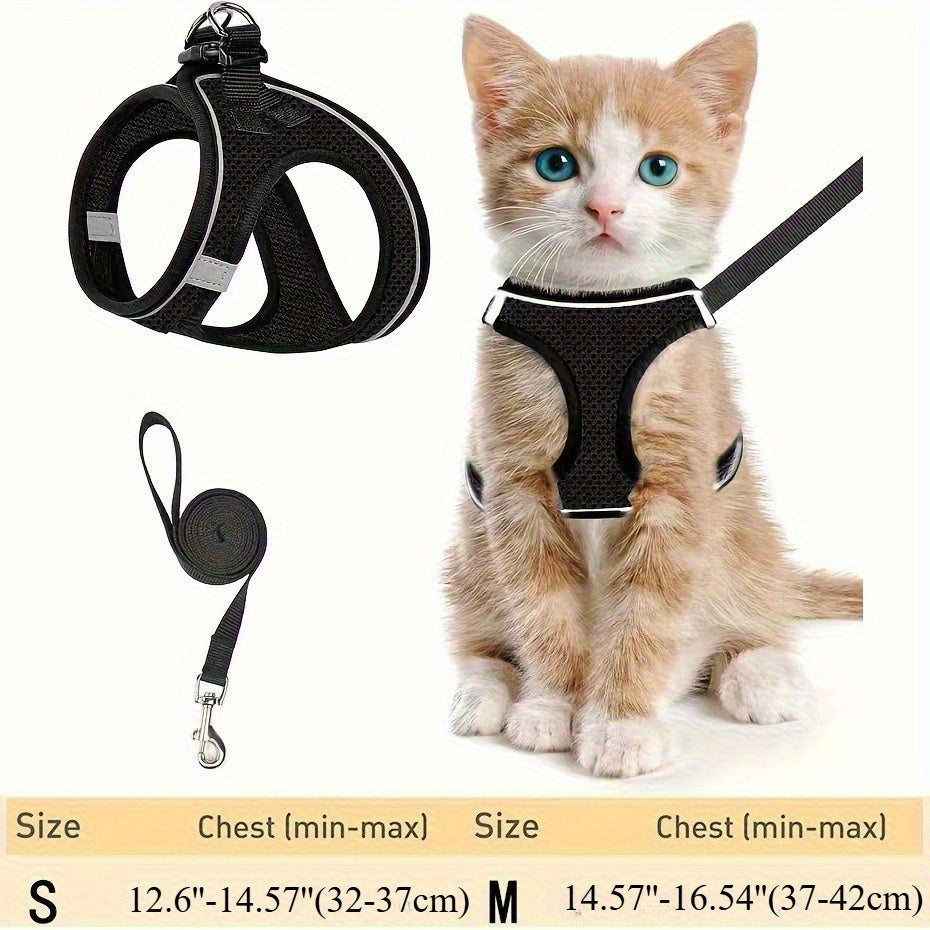 Escape Proof Cat Harness and Leash Set for Walking - Adjustable Reflective Soft Mesh Vest for Cats, Kittens, and Small Dogs, S/M, Black/Grey, Comfortable Outdoor Adventure Pet Gift