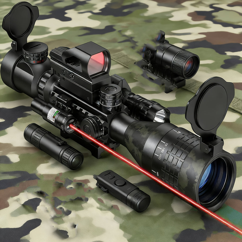 4-16x50 Rifle Optical Scope & Red Dot Combo with Red or Green Laser Illuminated Reticle for 20mm Picatinny Rail – Hunting Shooting Tactical Weaponlight