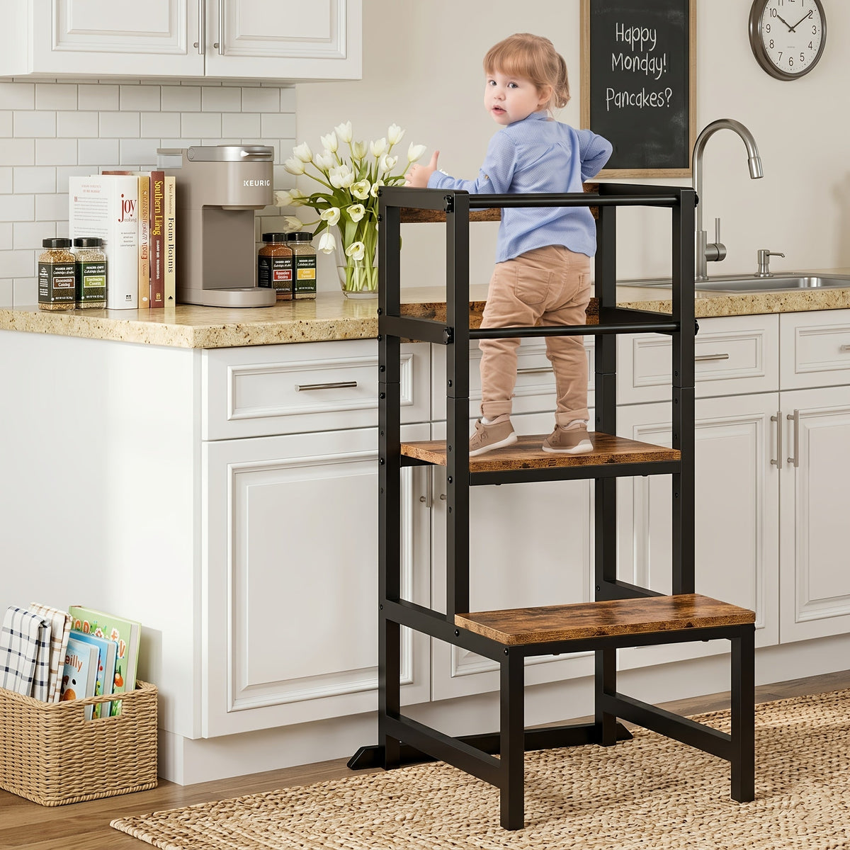 Adjustable Toddler Learning Tower Step Stool with Safety Rail Wooden & Steel Height Adjustable Kitchen Helper for Kids – Brown Black Wood & White