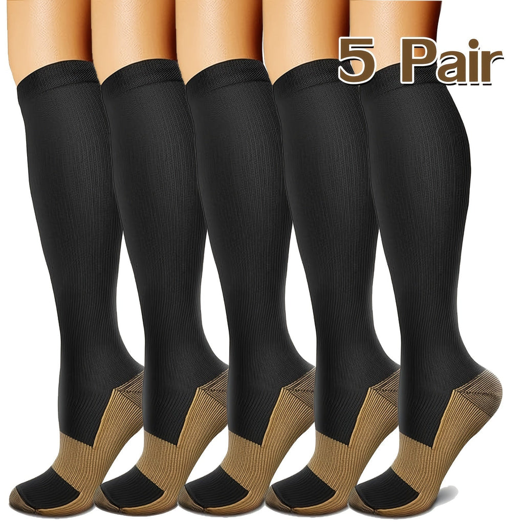 5 Pairs Copper Compression Socks for Women & Men – Black Athletic Support Socks for Running, Hiking, Cycling, and Travel, Sizes M-XL, Circulation & Pain Relief Compression Stockings