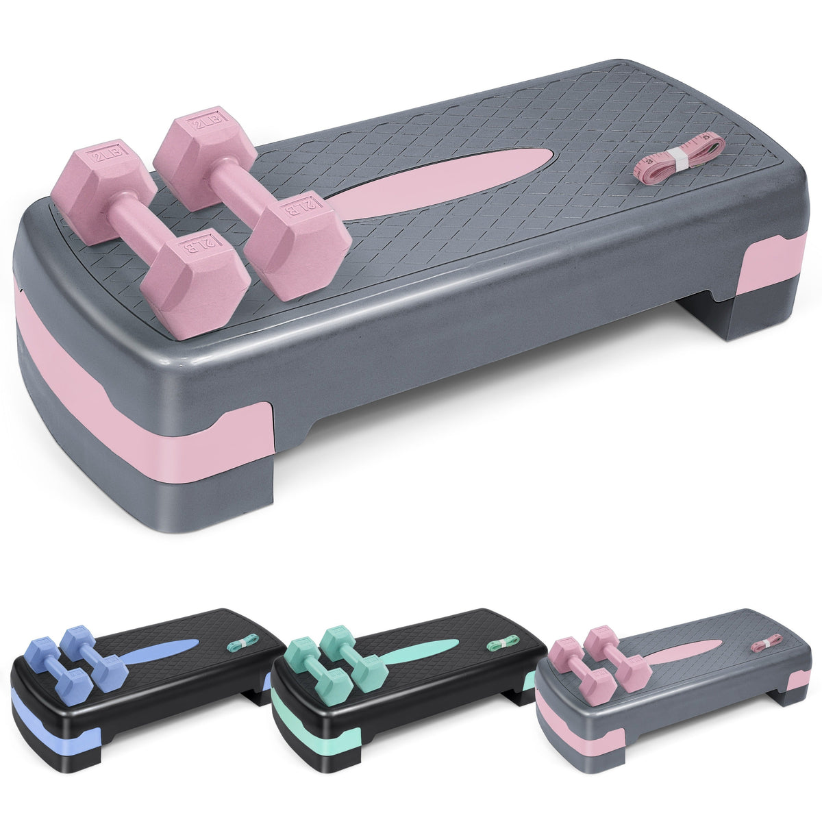 Aerobic Step Platform Set with 2lb Dumbbells & Measuring Tape – Adjustable Height Non-Slip Exercise Stepper, 550lb Capacity for Home Gym Cardio Workout, Pink Green Blue