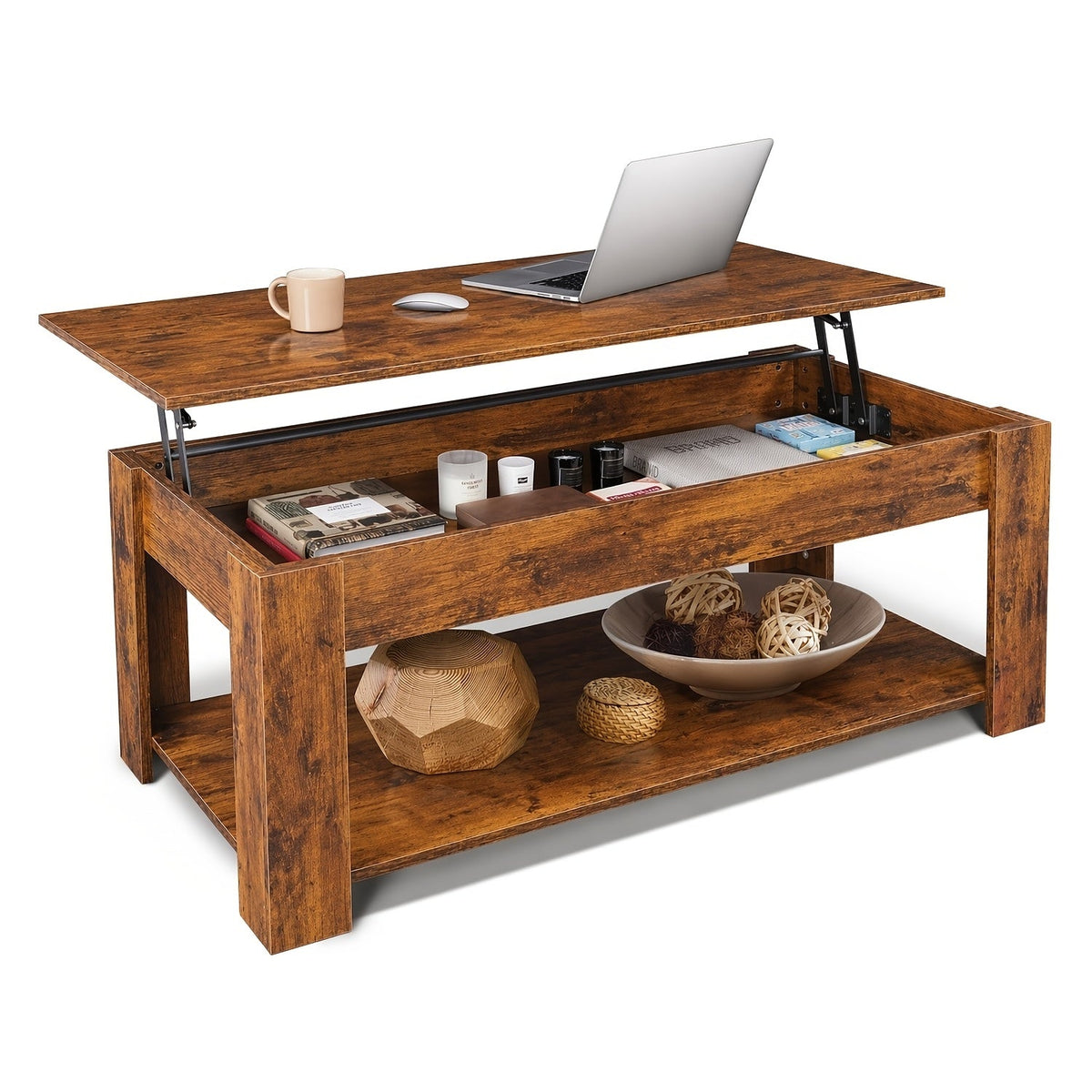 41-Inch Lift Top Coffee Table with Hidden Storage Compartment & Bottom Shelf – Retro Modern Rising Tabletop for Living Room & Home Office, Space-Saving Wood Design, Rustic Brown or Black – Nova Mart