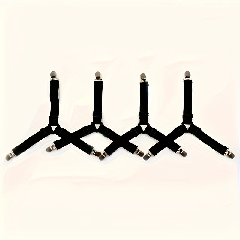 4-Pack Adjustable Elastic Bed Sheet Straps with Transparent Clips - Non-Slip, Easy-Clean Nylon Fasteners for Securing Bedding & Sofa Covers - Black