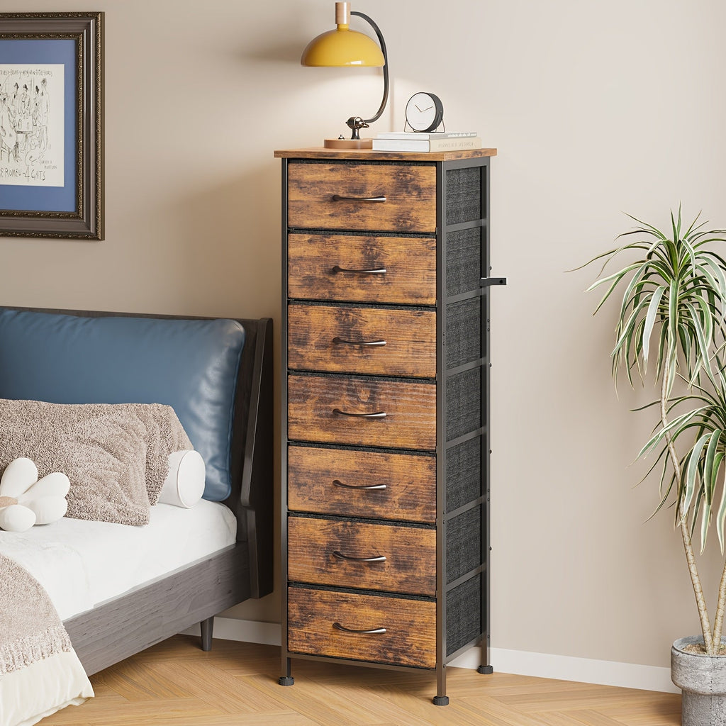 WHONLINE Tall Dresser 6 or 7 Drawer Bedroom Storage Organizer Vertical Chest of Drawers Sturdy Steel Frame Nightstand for Closet & Dorm – Gray Brown Black White