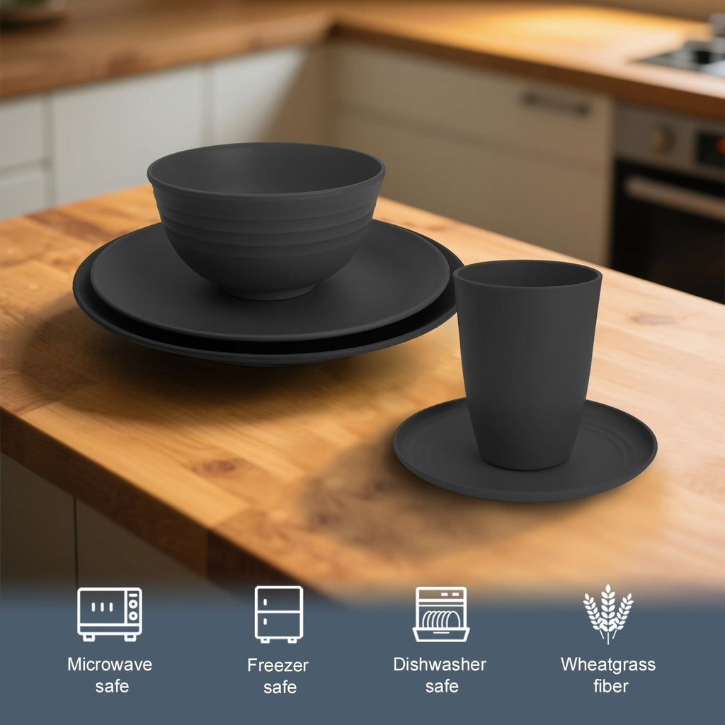 Wheat Straw Dinnerware Set – Reusable Eco-Friendly Plates, Bowls & Cups, Dishwasher & Microwave Safe, Unbreakable, 12/24/36 Piece Sets for Camping, Parties, Outdoor & Everyday Use
