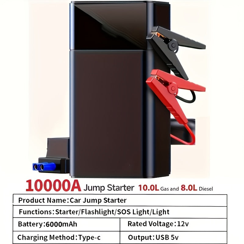 Portable Car Jump Starter Kit Multi-Function 12V Battery Booster with LED Flashlight, SOS Rescue Light, and Air Pump for Cars, Trucks, and Emergency Power Accessories