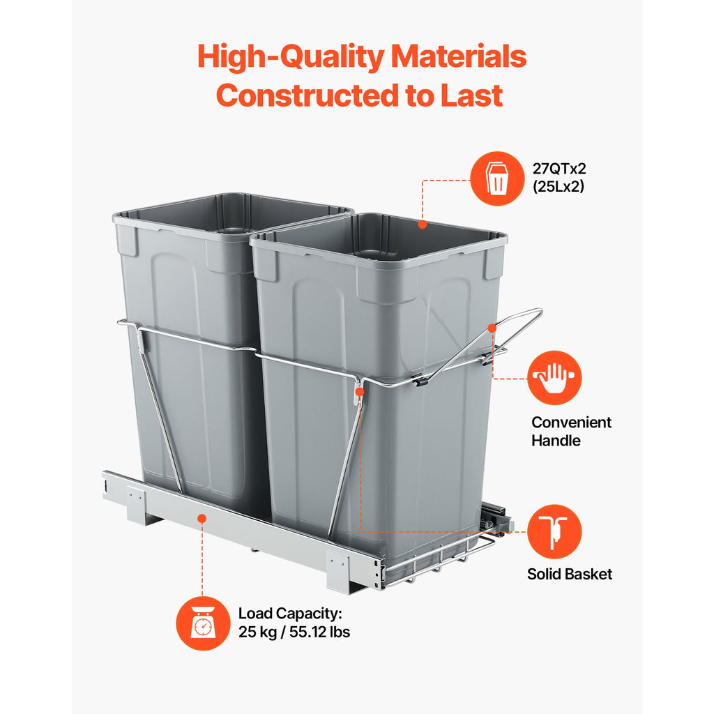 Double Pull-Out Trash Can for Kitchen Cabinets, 27+27 QT (54 QT Total), Full-Extension Steel Ball Rails, Iron Bracket, Handle, Under-Sink Garbage & Recycling Bin, Hidden Under-Cabinet Mount