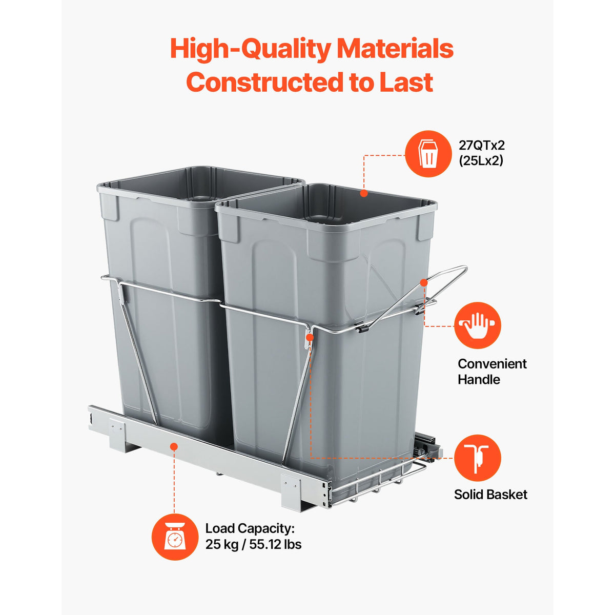 Double Pull-Out Trash Can for Kitchen Cabinets, 27+27 QT (54 QT Total), Full-Extension Steel Ball Rails, Iron Bracket, Handle, Under-Sink Garbage & Recycling Bin, Hidden Under-Cabinet Mount