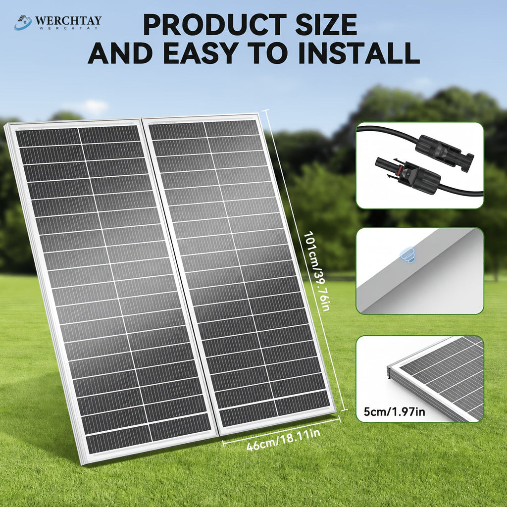 100W Monocrystalline Solar Panel 12V 18BB IP68 25.5% High Conversion Off-Grid for RV Car Home Camping Boat Shed & Farm – Lightweight Aluminum Frame, Available in 2-Pack & 4-Pack