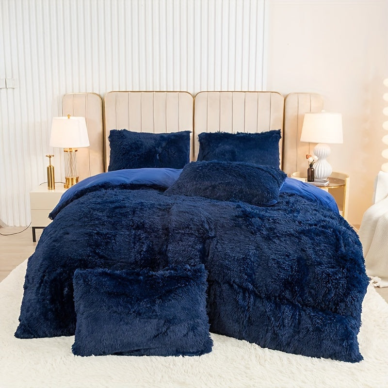 Plush Duvet Cover Set 3 Piece, Long Hair Knitted Polyester, Solid Color Fuzzy Comforter Cover with Zipper Closure, All-Season Soft Cozy Bedding Set for Bedroom, Multiple Colors Available