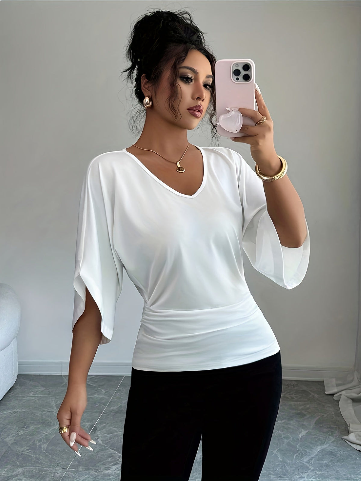 Women's V-Neck Batwing Sleeve Knit Top - Casual Loose Fit Three-Quarter Sleeve High-Waist T-Shirt Blouse for Spring, Summer, and Fall, Versatile Mid-Length Pullover Top, White/Black, Sizes XS-XL