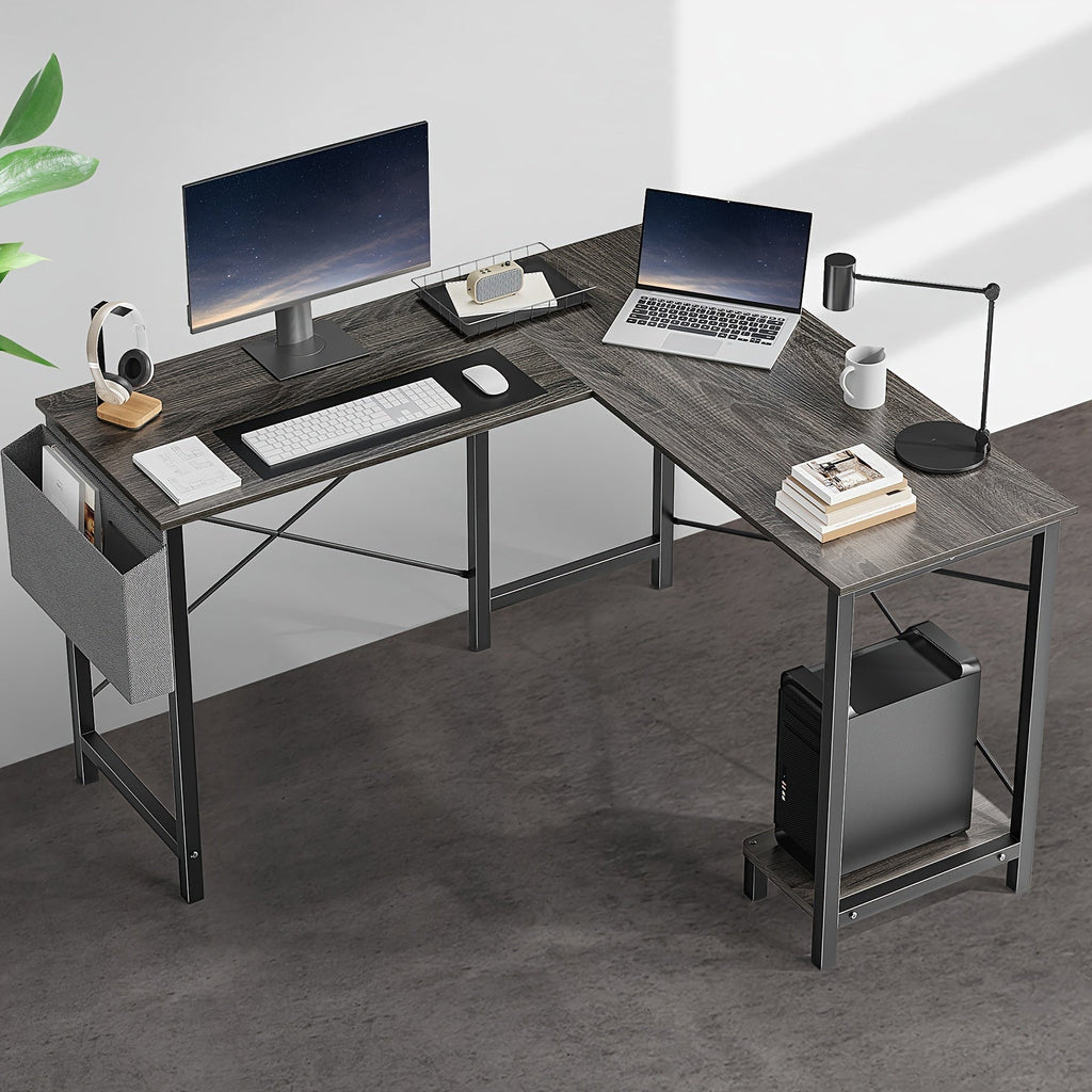L-Shaped Computer Desk with Storage Bag & Shelves – Reversible Corner Office Table, PC Laptop Workstation for Home Office, Study Room, Space-Saving Writing Desk