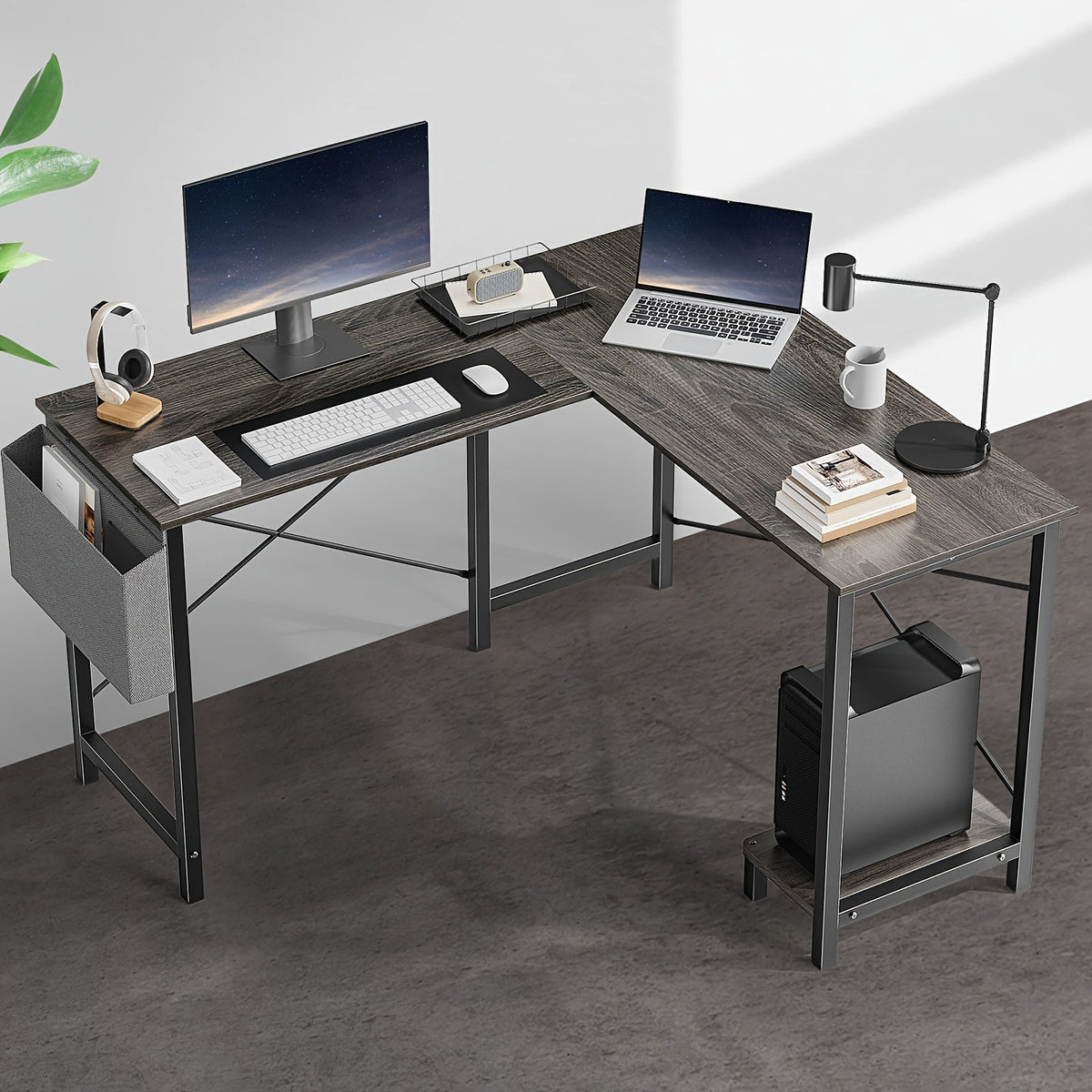 L-Shaped Computer Desk with Storage Bag & Shelves – Reversible Corner Office Table, PC Laptop Workstation for Home Office, Study Room, Space-Saving Writing Desk