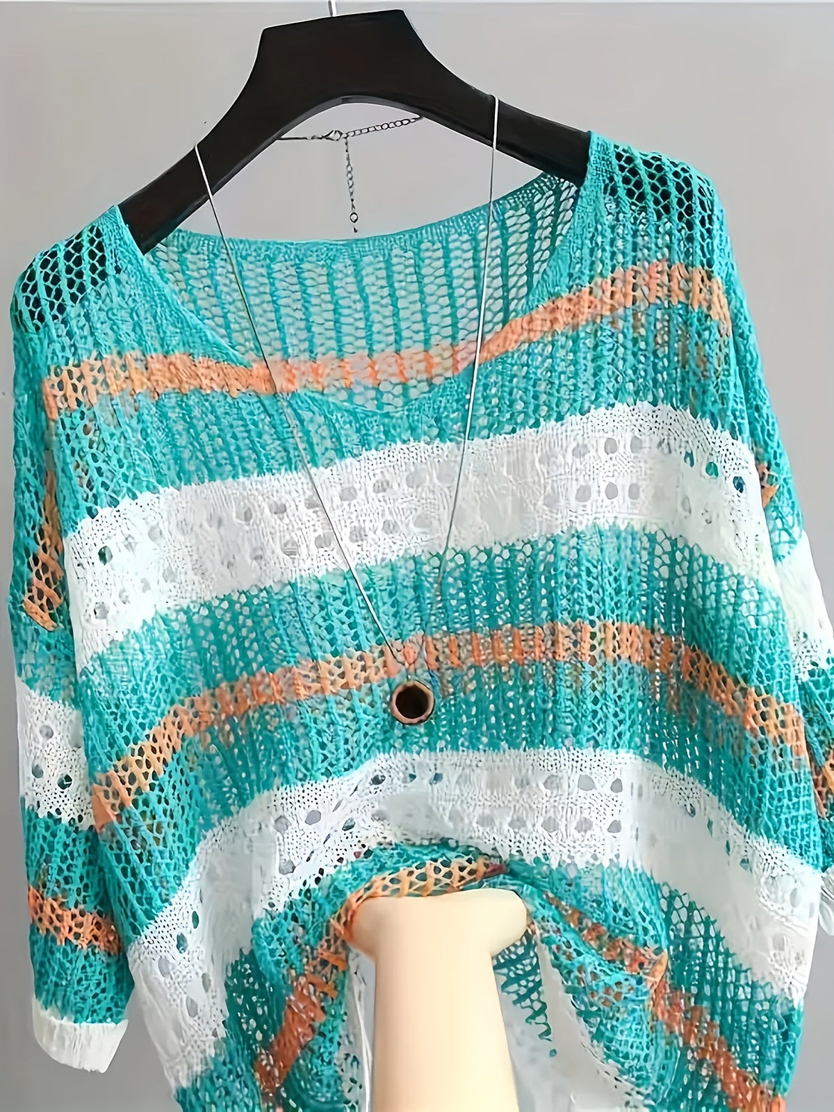 Women's Hollow Out Half Sleeve Beach Cover Up, Elegant Loose Swimsuit Cover Up, Summer Vacation Boho Tunic Top, Light Purple, White, Cyan, Black, S, M, L, XL