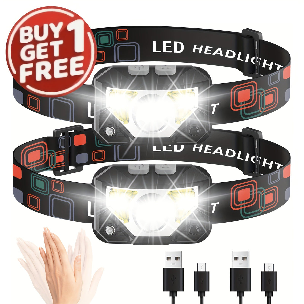 1200 Lumen Rechargeable LED Headlamp with Motion Sensor & Red Light – 8 Modes, USB-C, Waterproof Head Lamp for Camping, Hiking, Fishing, Auto Repair, Garage, and Emergency Use – Gift for Men