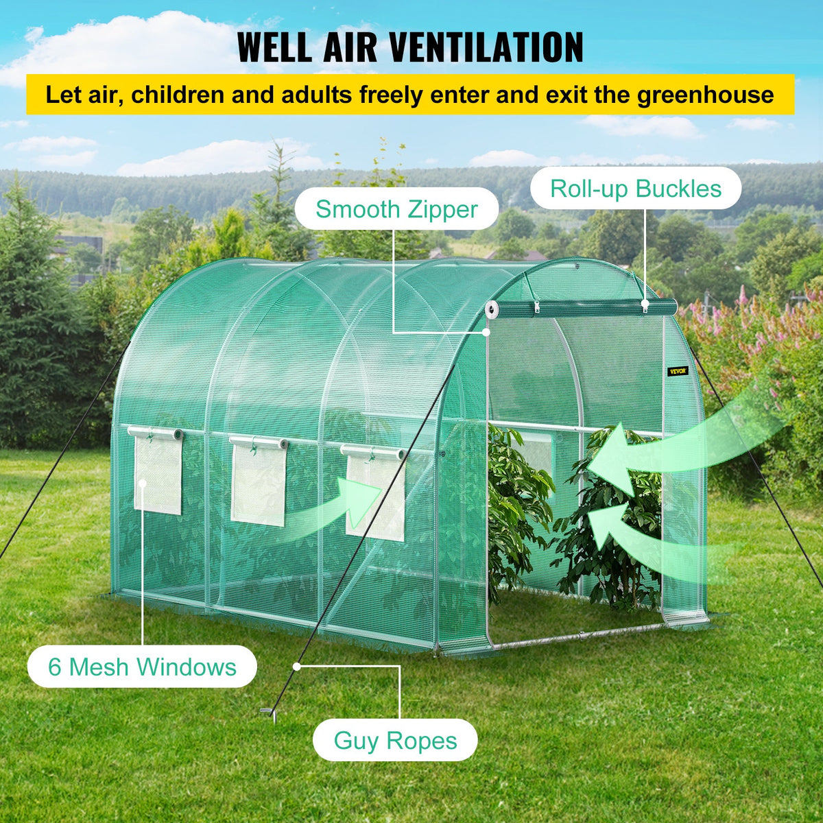 Walk-In Tunnel Greenhouse, 10x7x7 Ft, 0.8" Galvanized Steel Hoops, Top Beam & Diagonal Poles, Zippered Door, 6 Roll-Up Mesh Windows, Waterproof PE Cover, Stakes & Ropes Included, Green