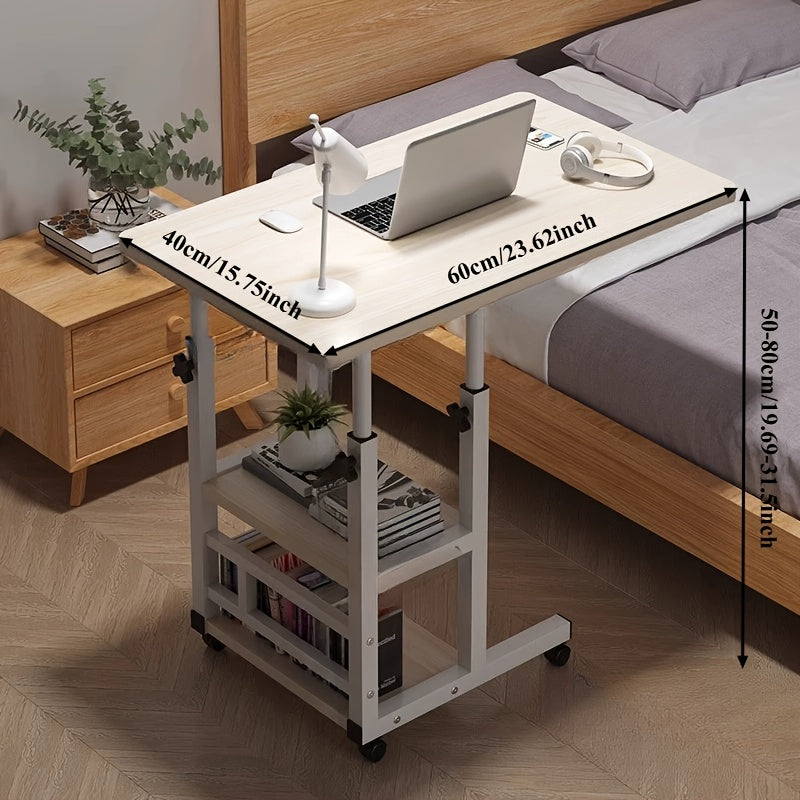 Height Adjustable Rolling Laptop Table with 4 Wheels & Dual Shelves – Mobile Workstation Desk for Bedside, Dorm, Office, and Living Room, Sturdy Steel Frame, Space-Saving Design
