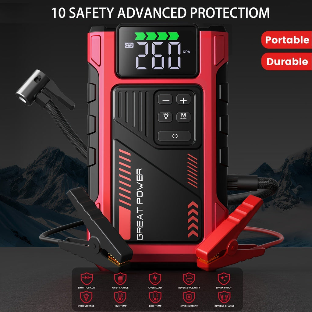 9-in-1 Portable Jump Starter with Air Compressor for 12V Vehicles (Up to 8.0L Gas / 6.5L Diesel) – Battery Booster Pack with Tire Inflator, USB Power Bank, LED Emergency Light & Roadside Kit