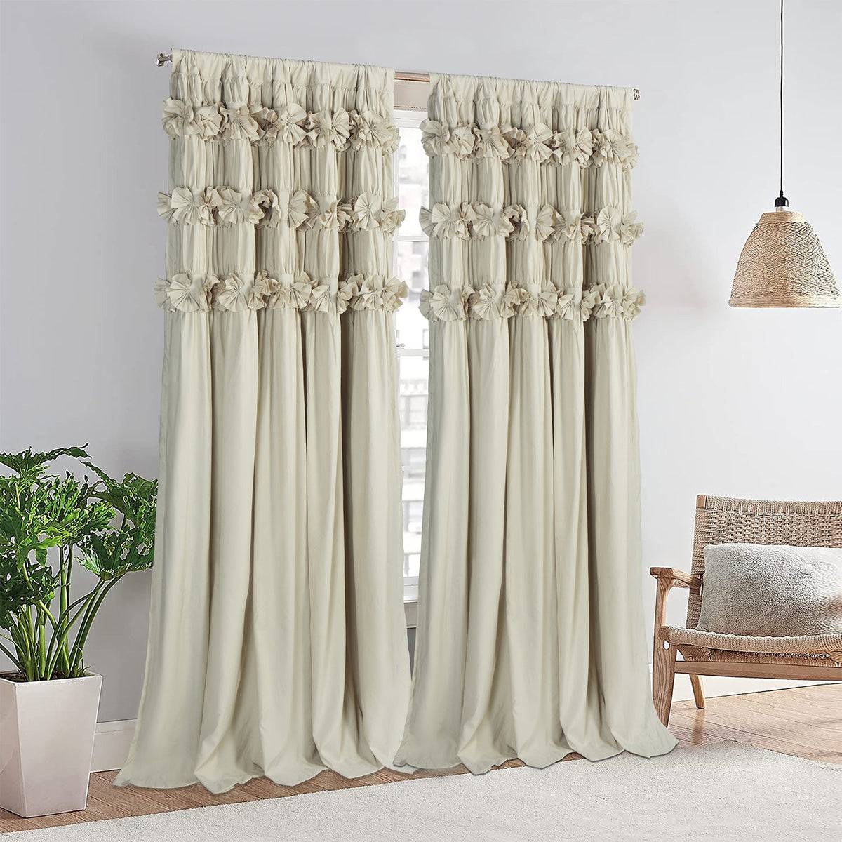 2-Panel 54"x84" Thermal Blackout Curtains – Hand-Ruffled Butterfly Garden Design Room Darkening Energy Saving for Bedroom & Living Room in Peach Pink White Camel Dusty Blue & Black