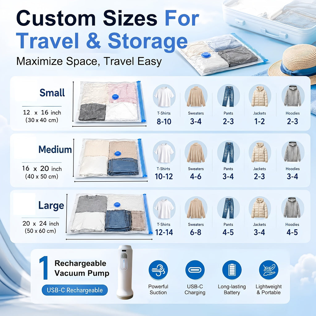 4-Pack Vacuum Storage Bags with USB Electric Air Pump - 1500mAh Rechargeable, 3 Sizes (30×40 / 40×50 / 50×60cm) - Space-Saving for Clothes & Seasonal Bedding