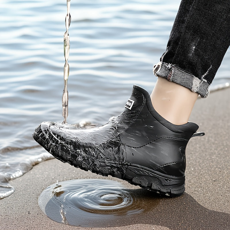Lightweight Non-Slip Short Ankle Rain Boots for Men and Women, Cushioned Insoles, Breathable Lining, Textured Anti-Slip Sole, Fashionable Unisex Couple Rain Boots for Car Washing and Outdoor Activities, Black/Beige, US 5.5-12
