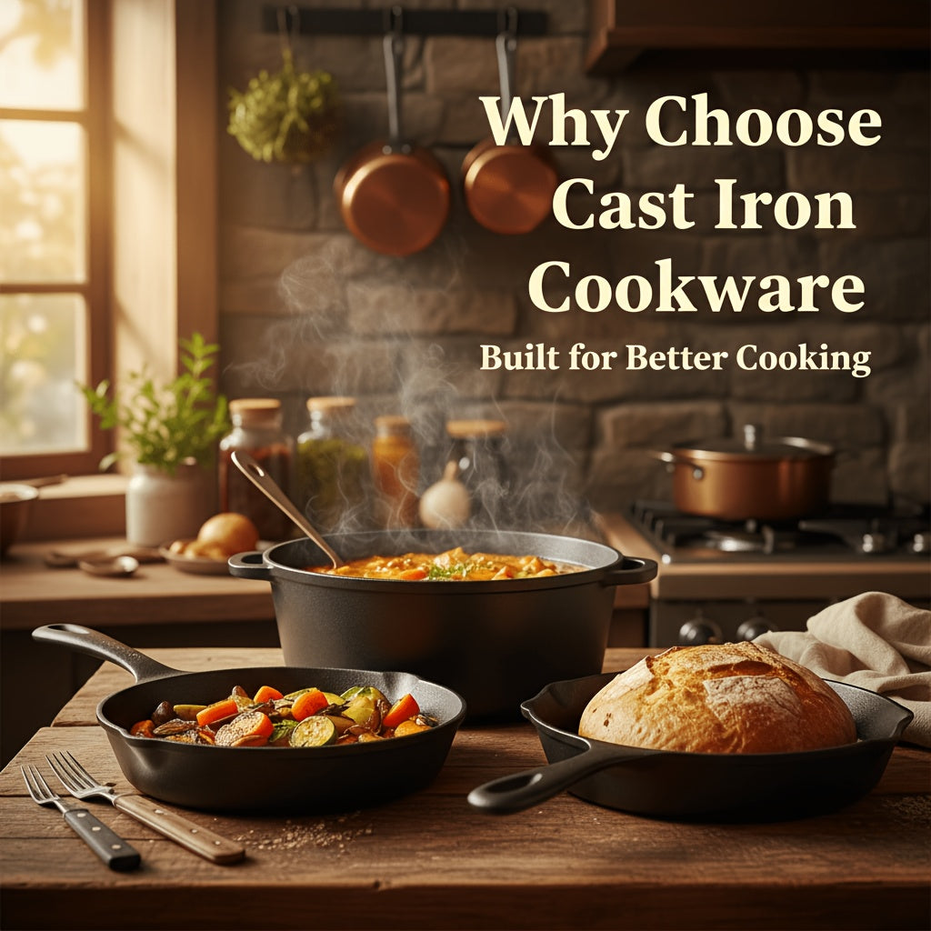 Cast Iron Cookware 6-Piece Non-Stick Set: Skillet, Dutch Oven, and Grill Pan Kit for Induction, Gas, Campfire, BBQ, Outdoor Cooking, and Kitchen