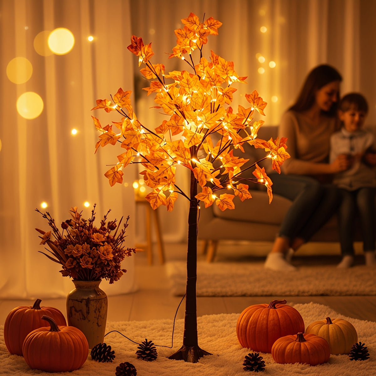Artificial LED Lighted Fall Maple Tree – 5ft or 6ft Indoor Autumn Tree for Fall Décor, Thanksgiving, Party & Home Decoration, Warm Glowing Faux Maple – Nova Mart
