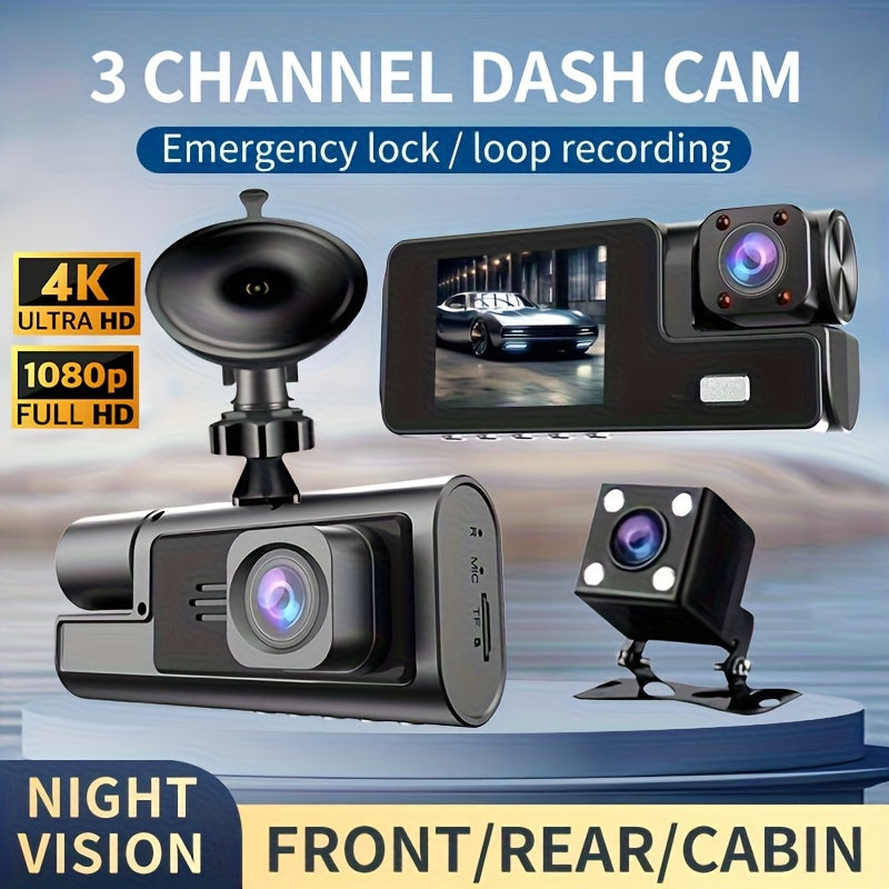 3-Channel Dash Cam, 4K Front + 4K Interior + 1080P Rear, includes Free 32GB Card, Night Vision, G-Sensor, Wide Angle, Real-Time Recording & Parking Monitor – Velora