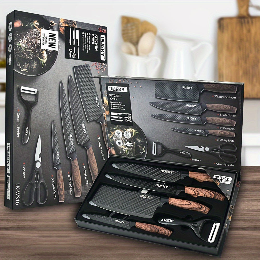 Professional Kitchen Knife Set - High Carbon Stainless Steel, Super Sharp, Anti-Stick Ergonomic Wooden Handle - Chef's Knife, Slicing Knife, Scraper & Scissors - 6, 7 & 8-Piece Gift Box Sets
