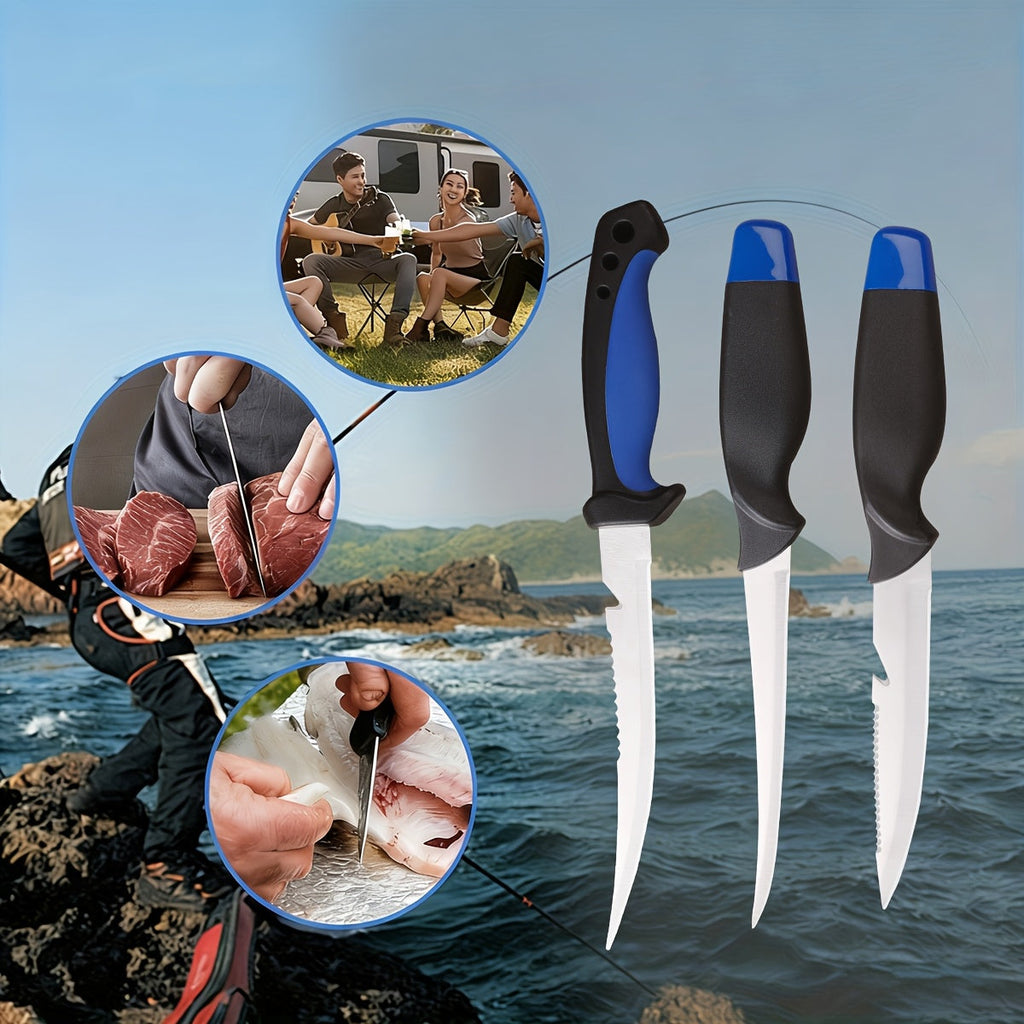 3-Piece Fishing Knife Set with Stainless Steel Blades, Fish Fillet, Boning, and Gutting Knives with Cut-Resistant Gloves, Fishing Line Cutter & Cord – Unique Fishing Gift for Anglers & Campers