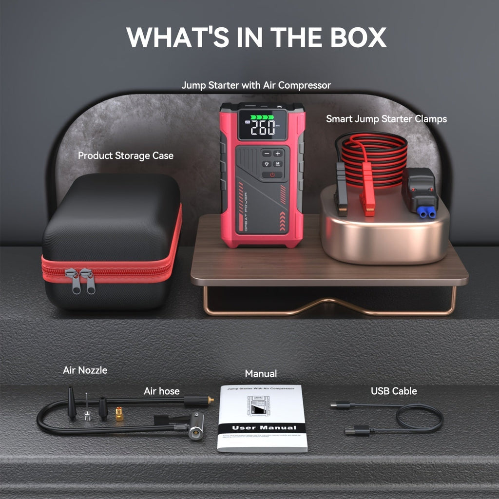 9-in-1 Portable Jump Starter with Air Compressor for 12V Vehicles (Up to 8.0L Gas / 6.5L Diesel) – Battery Booster Pack with Tire Inflator, USB Power Bank, LED Emergency Light & Roadside Kit