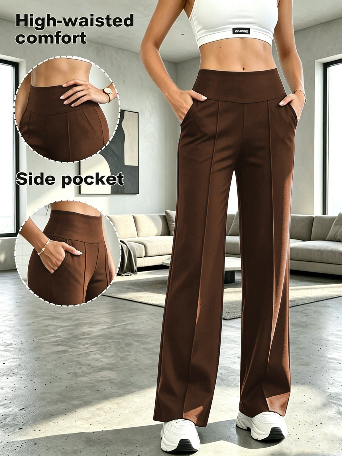 Women's High-Waist Tummy Control Wide-Leg Pants with Pockets - Flowy Straight-Leg Trousers, Soft Yoga Athletic Pants for Commuting and Casual Wear S M L XL