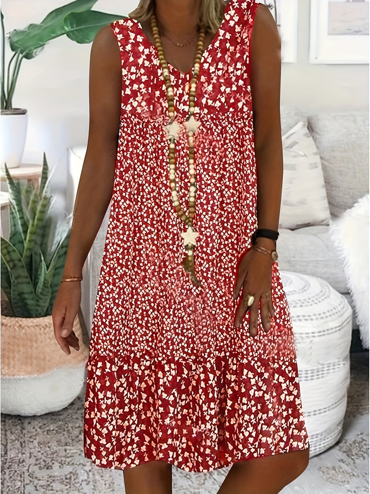 Women's V-Neck Sleeveless Summer Floral Print Casual Sundress, Loose Fit Beach Vacation Dress for Women S M L XL XXL