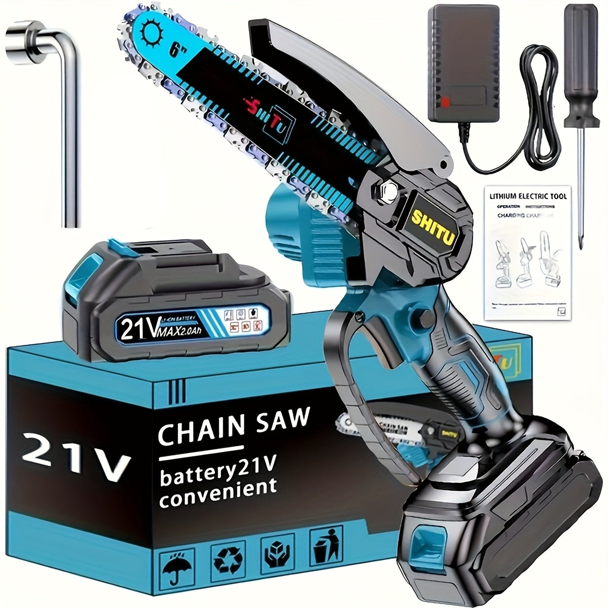 Mini Cordless Chainsaw, Portable Handheld Electric Tree Cutter with Splash Guard and Safety Lock, Rechargeable for Garden and Yard