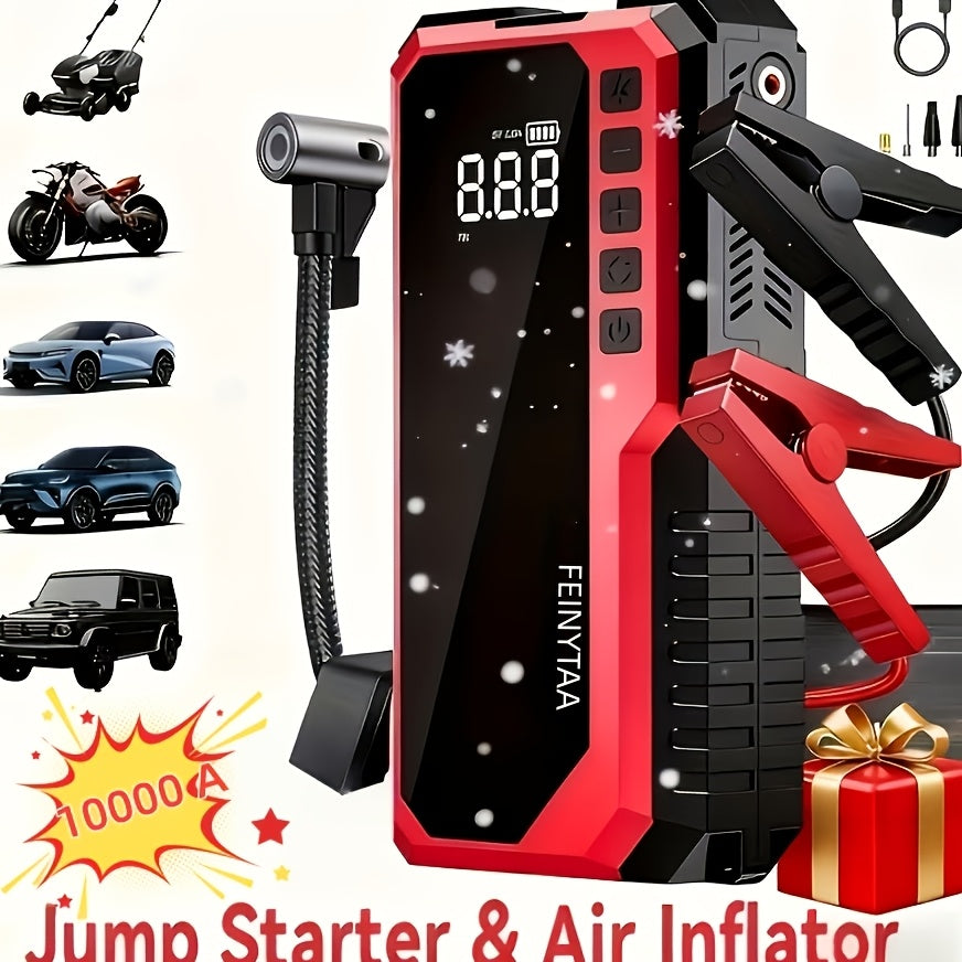 Jump Starter with Digital Tire Inflator, 5000A/10000A Peak, Multi-Function Car Jump Box with Smart Battery Clamps, LED Flashlight, and Power Bank, Emergency Kit for Car, RV, and Motorcycle