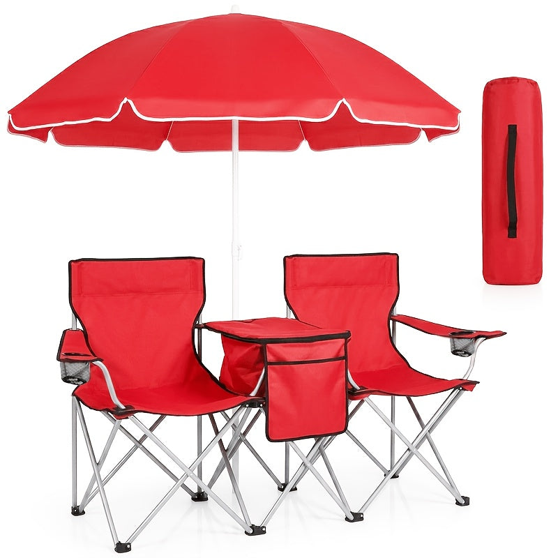 2-Person Camping Chair with Detachable Canopy – Folding Outdoor Loveseat with Cup Holders Cooler Table & Carry Bag for Beach Picnic Fishing BBQ