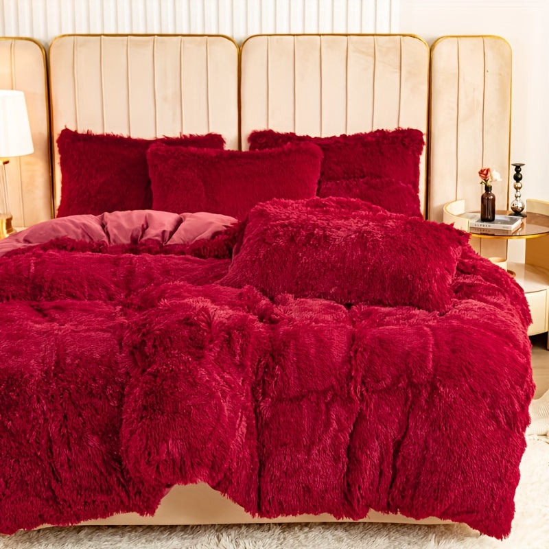 Plush Duvet Cover Set 3 Piece, Long Hair Knitted Polyester, Solid Color Fuzzy Comforter Cover with Zipper Closure, All-Season Soft Cozy Bedding Set for Bedroom, Multiple Colors Available