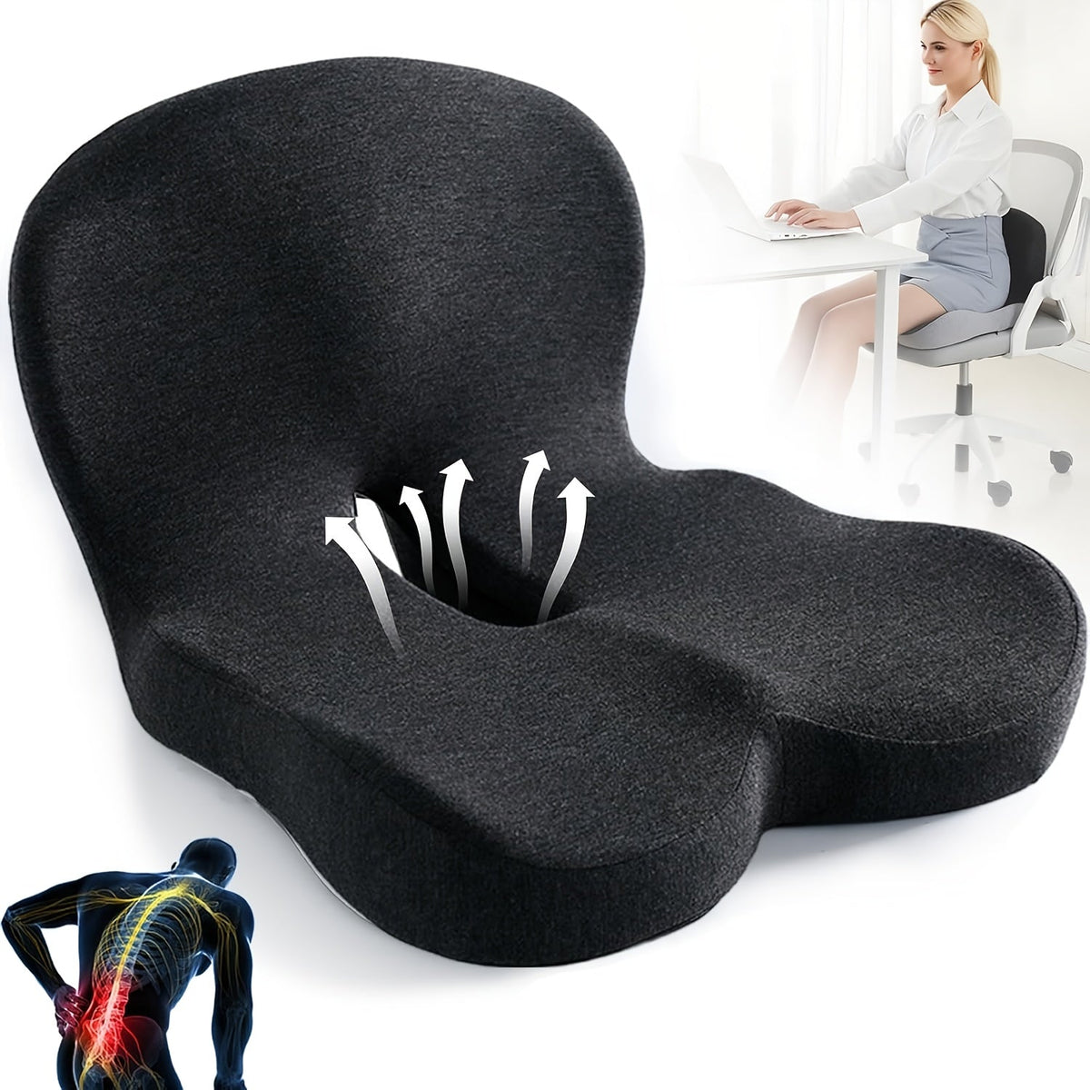 Ergonomic Memory Foam Seat Cushion with Back Support – Non-Slip Office Chair, Gaming Chair, and Car Seat Pad for Hip and Tailbone Pain Relief, Long-Sitting Comfort
