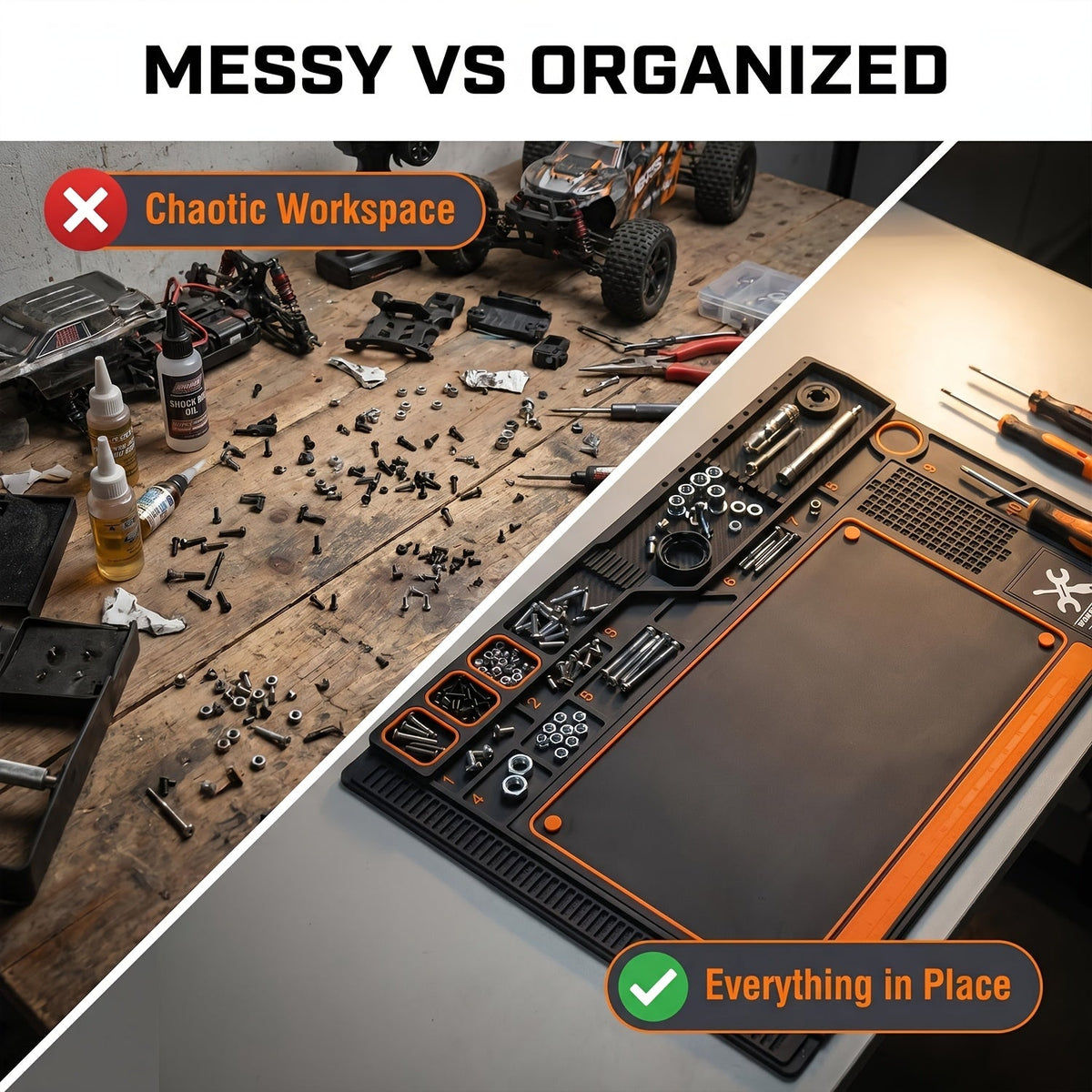 Modular Hobby Workbench Mat with Parts Sorting Trays - Non-Slip Desk Pad for RC Cars, FPV Drones & Electronics - Large, Grey-Orange, Black-Orange, Grey-Grey & Black-Blue