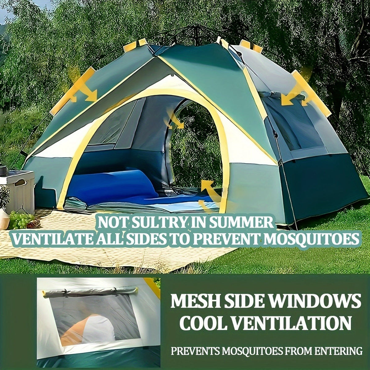 4-Person Pop-Up Camping Tent, Instant Setup with UV Protection, Insect Netting & Sunshade, Automatic Family Tent in Dark Green for Beach, Park, Camping, Hiking, and Outdoor Adventures, Featuring Sturdy Zippers & Support Poles