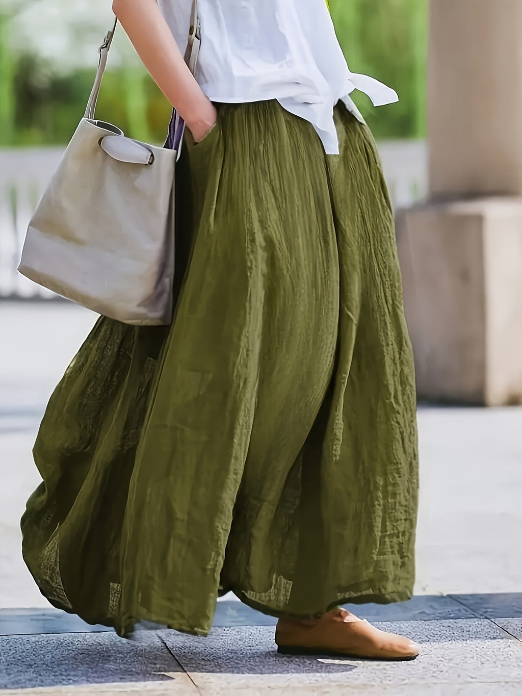 Women's Solid Color Retro Midi Skirt with Pockets, Flared Hem, Loose Fit, Breathable, 100% Polyester, Spring, Summer, Fall, Purple, Burgundy, Grey, Blue, Maroon, Brown, Green, S, M, L, XL, XXL
