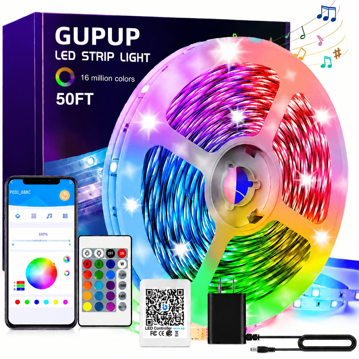 RGB LED Strip Lights App Remote Control Music Sync Dimmable Color Changing Timing – Smart LED Lights for Bedroom, Living Room, and Game Room Decor, 16.4FT to 200FT