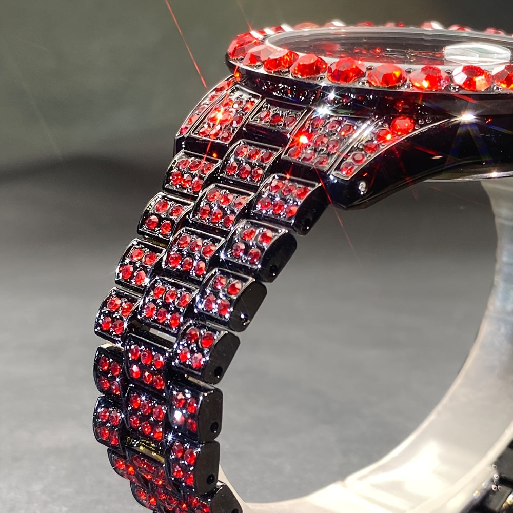 Rhinestone Couple's Watch Set, Luxury Quartz Movement with Calendar and Luminous Display, Red and Ice Blue Rhinestone Fashion Party Gift Watches for Men and Women