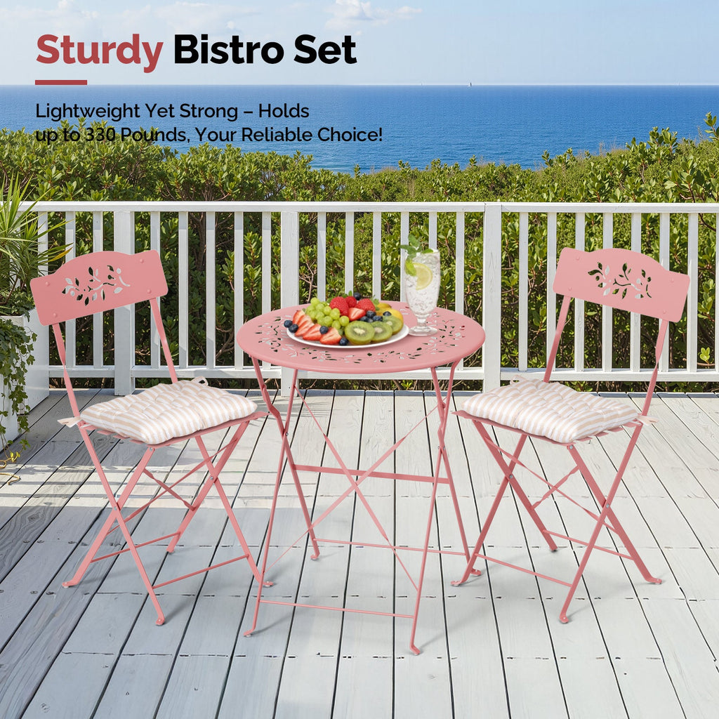 3-Piece Outdoor Folding Bistro Set, Bistro Table & 2 Chairs, Olive Leaf Cutout Design, Cushions Included, Foldable Patio Furniture, for Balcony, Garden, Porch & Yard, Pink/Black/Green/Yellow