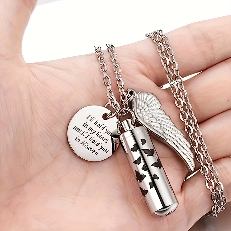Cylinder Urn Necklace for Ashes - Stainless Steel Butterfly & Angel Wing Memorial Keepsake Pendant for Pet & Human Loss, Cremation Jewelry for Women, Men & Loved Ones (Silvery)