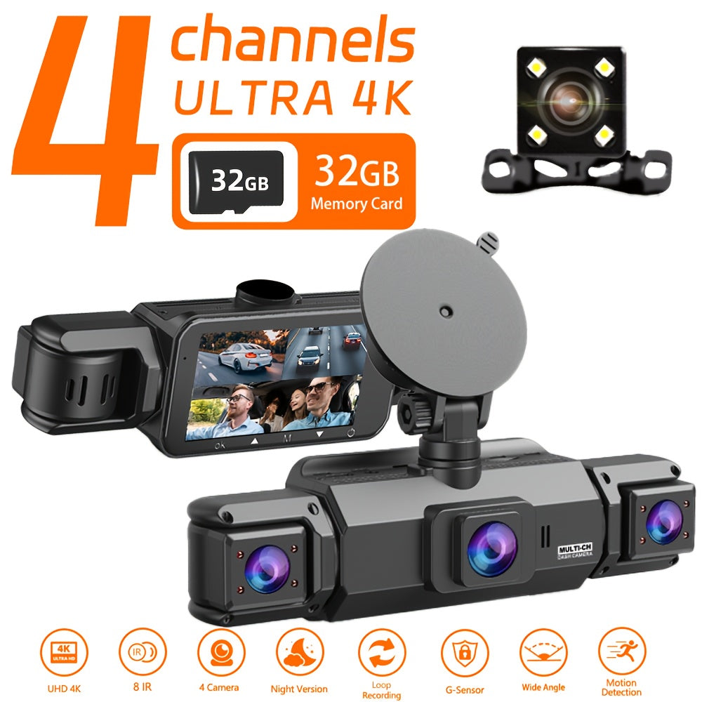 4K Dash Cam 360° Rotary 4-Channel Car DVR with Free 32GB SD Card, Night Vision, 24H Loop Recording, Parking Monitor, 4K Front and 1080P Rear, Left, and Right Cameras for All Vehicles