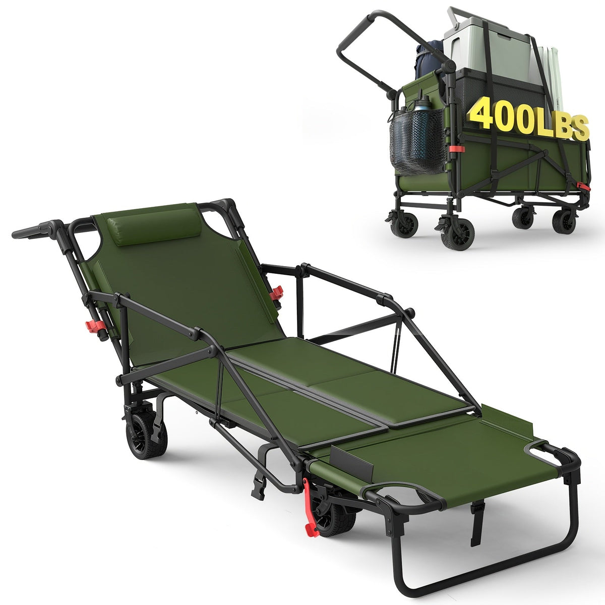 Heavy Duty Folding Wagon 2-in-1 Collapsible Cart and Beach Chair 400 420 650LBS Capacity All-Terrain 360 Swivel Wheels with Brakes Side Pockets for Camping Beach Groceries