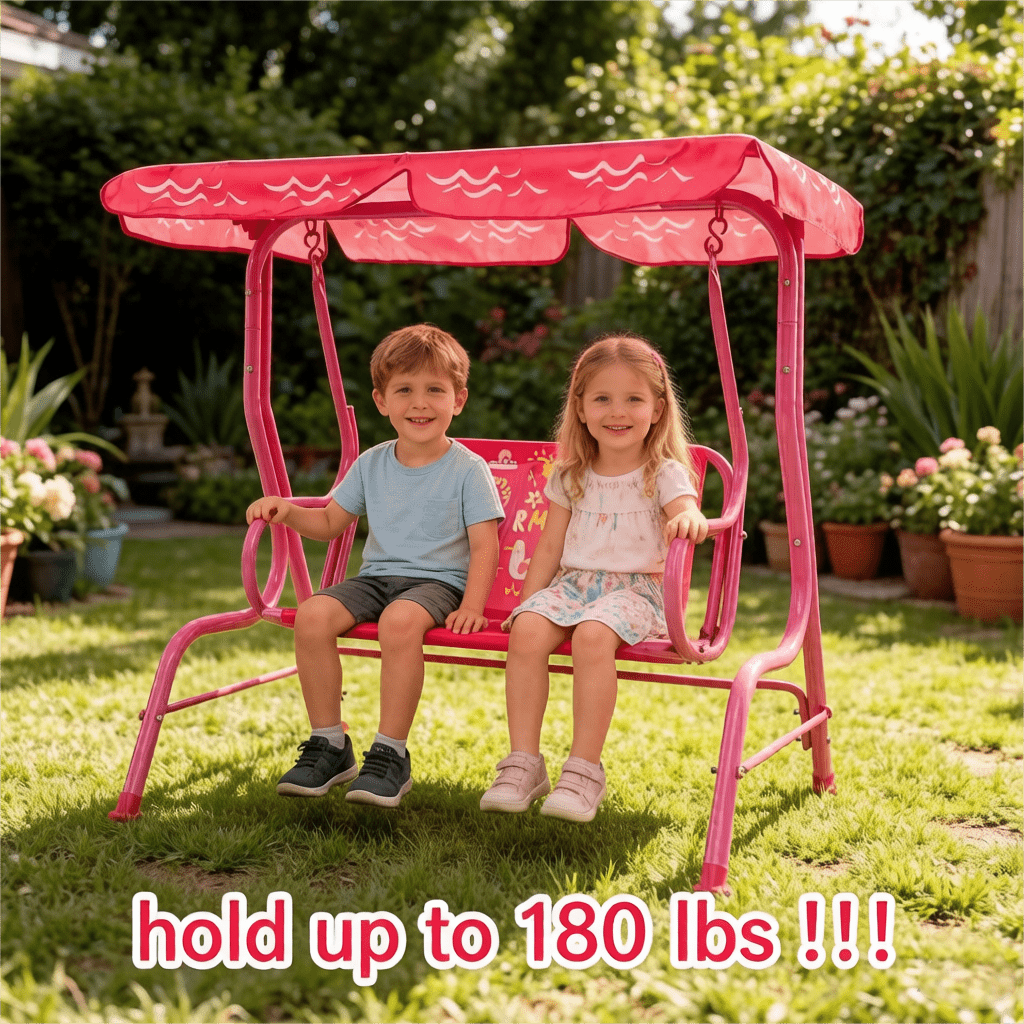 2-Seater Kids Outdoor Patio Swing Chair with Adjustable Sun Canopy, Safety Belts, Metal Stand Porch Swing Bench for Backyard, Garden, Balcony, Ages 3+, 180 lbs Capacity