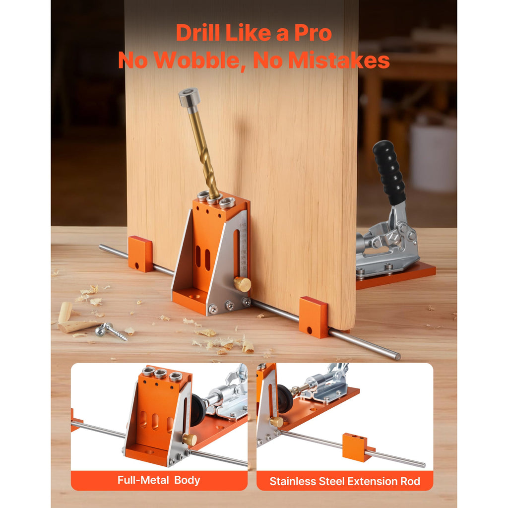 VEVOR Pocket Hole Jig Kit - 1/2" to 1-1/2" Adjustable Depth, CNC Aluminum Body, 2-in-1 with C-Clamp, Titanium-Coated Step Drill, Drill Stop Ring & Toolbox - Woodworking for Beginners & Pros