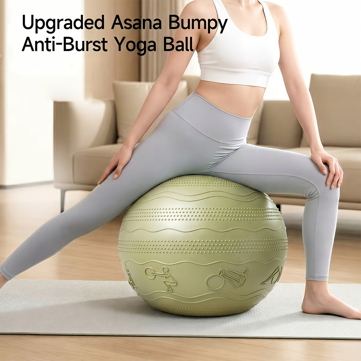 Yoga Exercise Stability Ball 65cm Non-Slip Textured PVC with Air Pump for Balance Training Core Strength & Stretching Home Gym & Office Chair – Green White Brown
